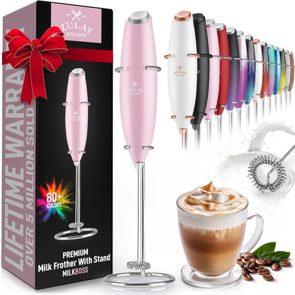 Zulay Kitchen Powerful Double Whisk Milk Frother Handheld - Foam Maker with Stand - Whisk Drink Mixer for Coffee, Mini Foamer for Latte, Matcha, Frappe, Hot Chocolate & Cappuccino (Black)