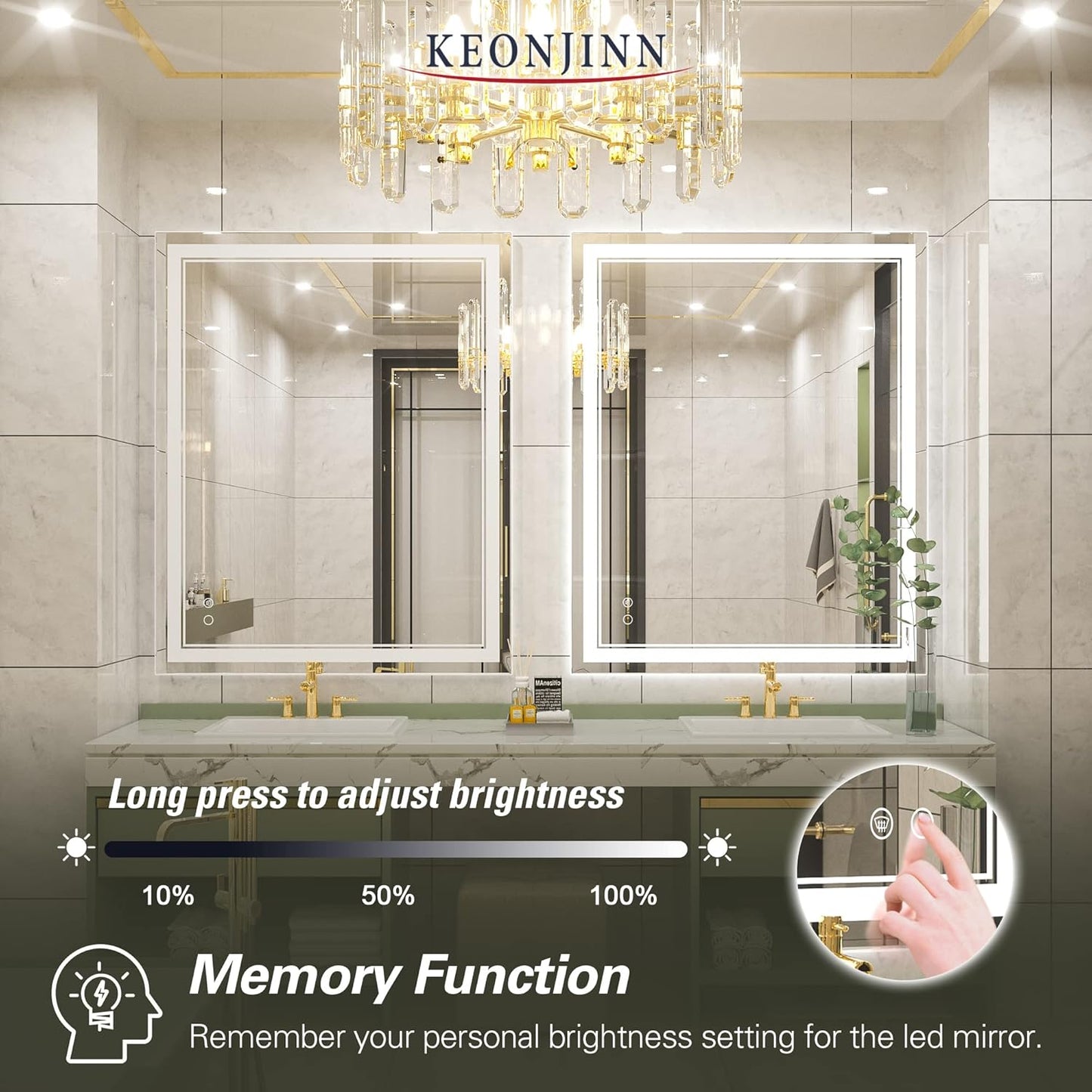 Keonjinn 40 x 24 Inch LED Mirror, Bathroom Mirror with Lights, LED Vanity Mirror, Wall Mounted Anti-Fog Dimmable Lighted Makeup Mirror for Bedroom, IP54 Waterproof (Horizontal/Vertical)