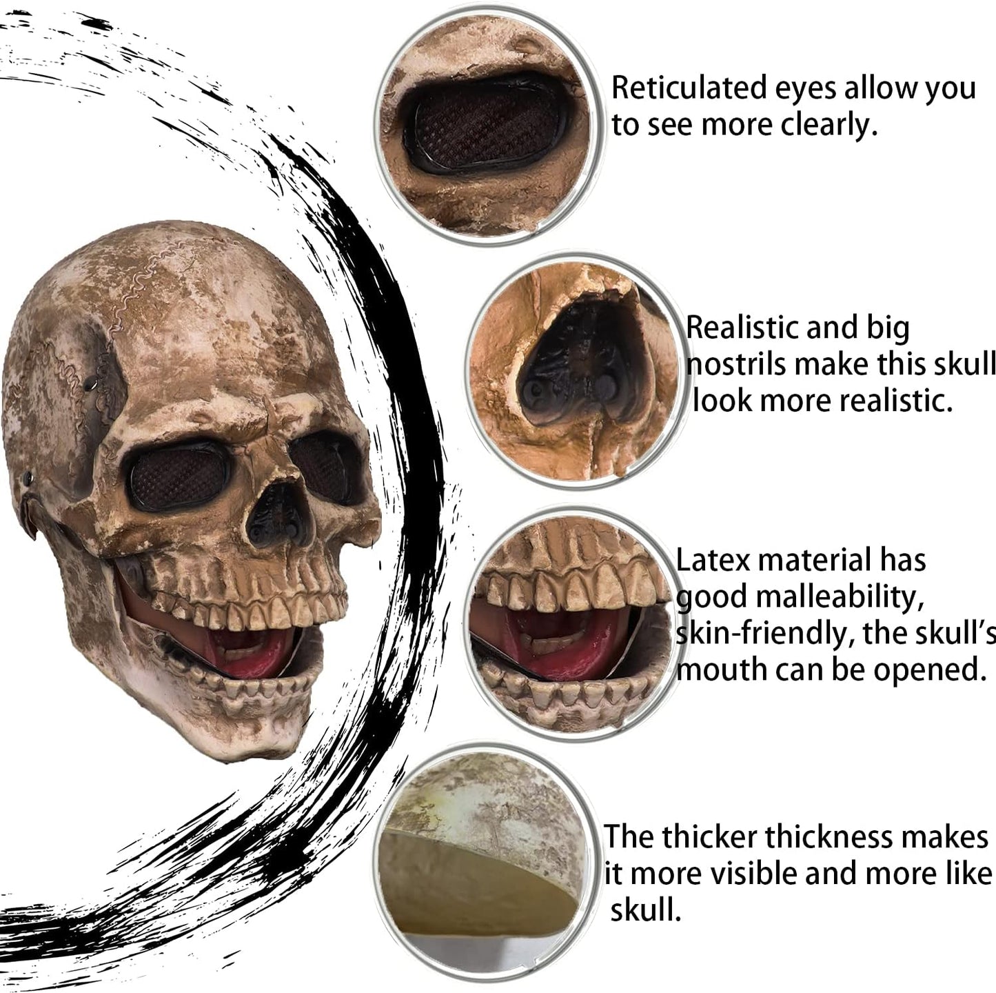 CosTribe Creepy Full Head Skull Mask with Moving Jaw Halloween Scary Latex Helmet for Cosplay Party Props
