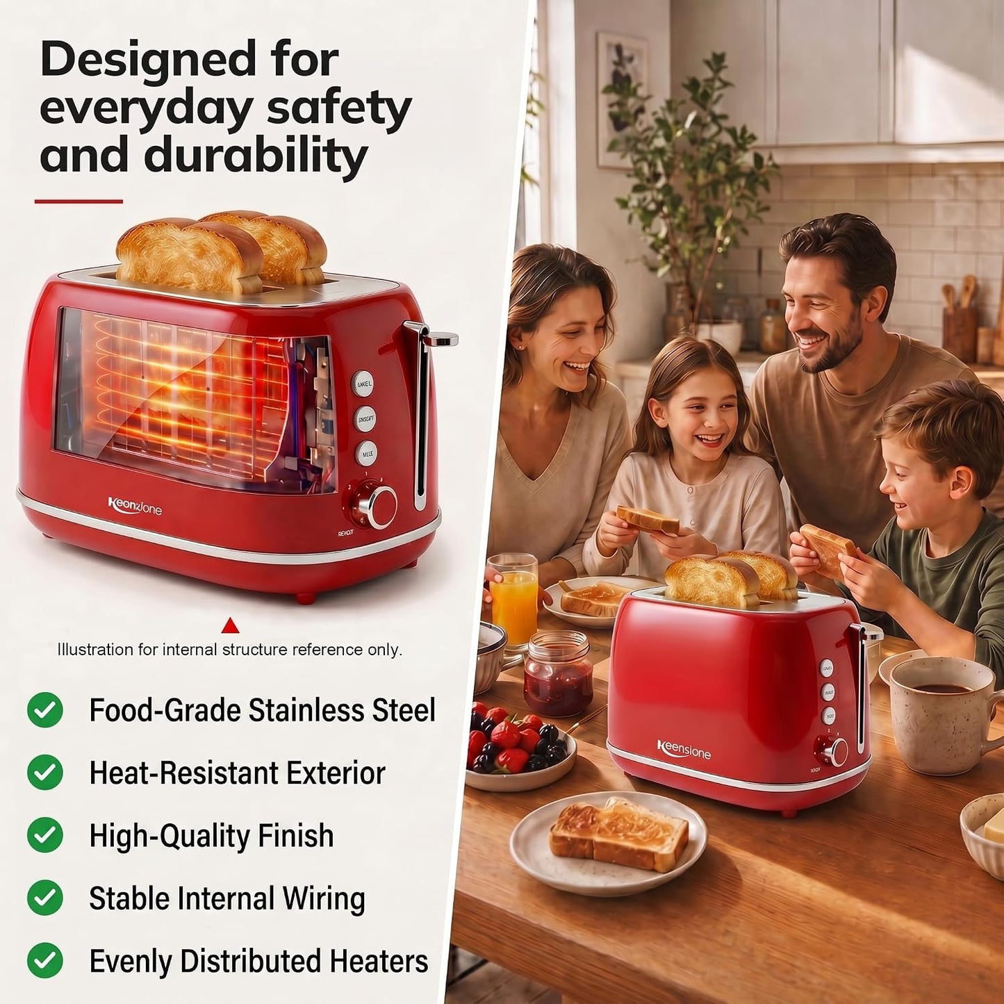 Toaster 2 Slice Stainless Steel Toaster Retro with 6 Bread Shade Settings, Bagel, Cancel, Defrost Function, 2 Slice Toaster with Extra Wide Slot, Removable Crumb Tray, Red