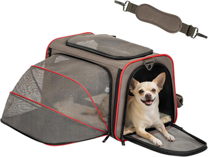 Petsfit Expandable Cat Dog Carrier Airline Approved, 17" L x 11" W x 11" H Soft-Sided Portable Pet Travel Carrier for Kitten, Puppy, Removable Soft Plush Mat and Pockets, Auto-Locking Zippers