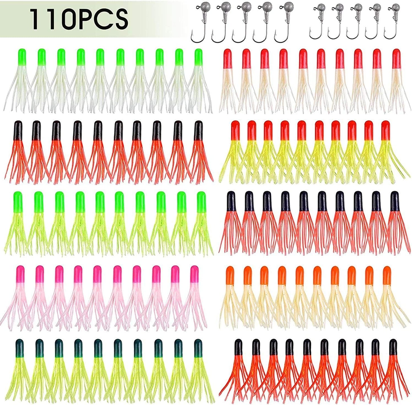 Soft Lures Fishing Jigs Kit, Worm Grub Fishing Lures Jig Head Hooks Kit Grubs Bait Jig Heads Soft Plastic Bait Crappie Jigs Tubes Baits Curved Tail Lure Fishing Lures Kit for Walleye Bass Trout