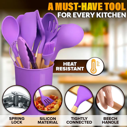 12-Piece Purple Kitchen Utensils Set with Holder – Heat-Resistant Silicone Cooking & Baking Tools, Gentle on Nonstick Pans, Easy to Clean, Stylish Kitchen Accessories - PuriLite