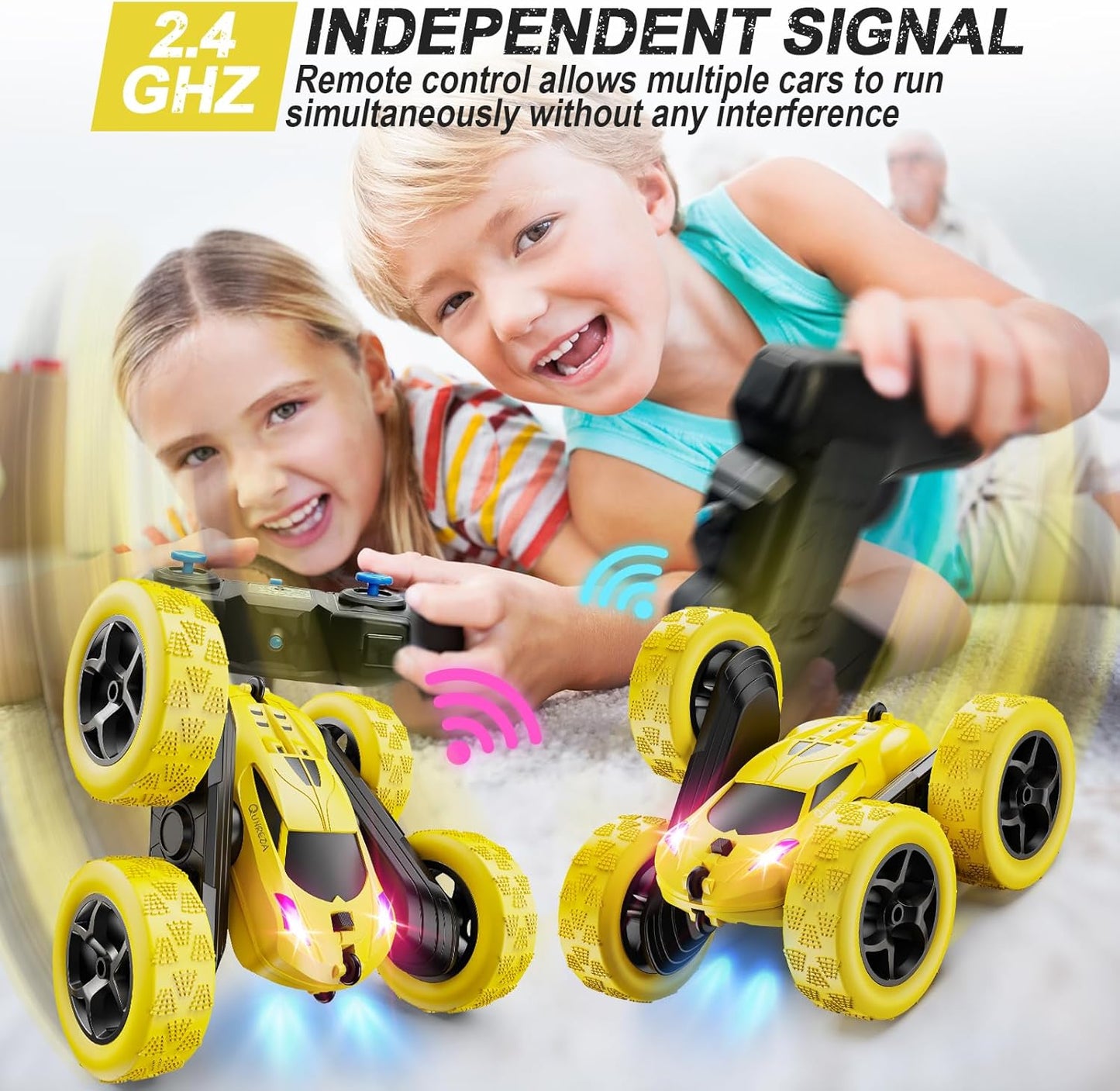 QUNREDA Remote Control Car for Kids Ages 6+, RC Cars Stunt Car Toy 4WD Double Sided 360° Rotating Remote Control with Headlights, Birthday Xmas Gifts for Boys 6 7 8 9 10 11 12 1-Blue