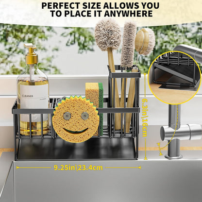 Cisily Kitchen Sink Caddy Organzier with High Brush Holder, Sponge Holder for Sink, 304 Rustproof Stainless, Kitchen Countertop Soap Dispenser Organizer, Kitchen Decor and Accessories (Black)