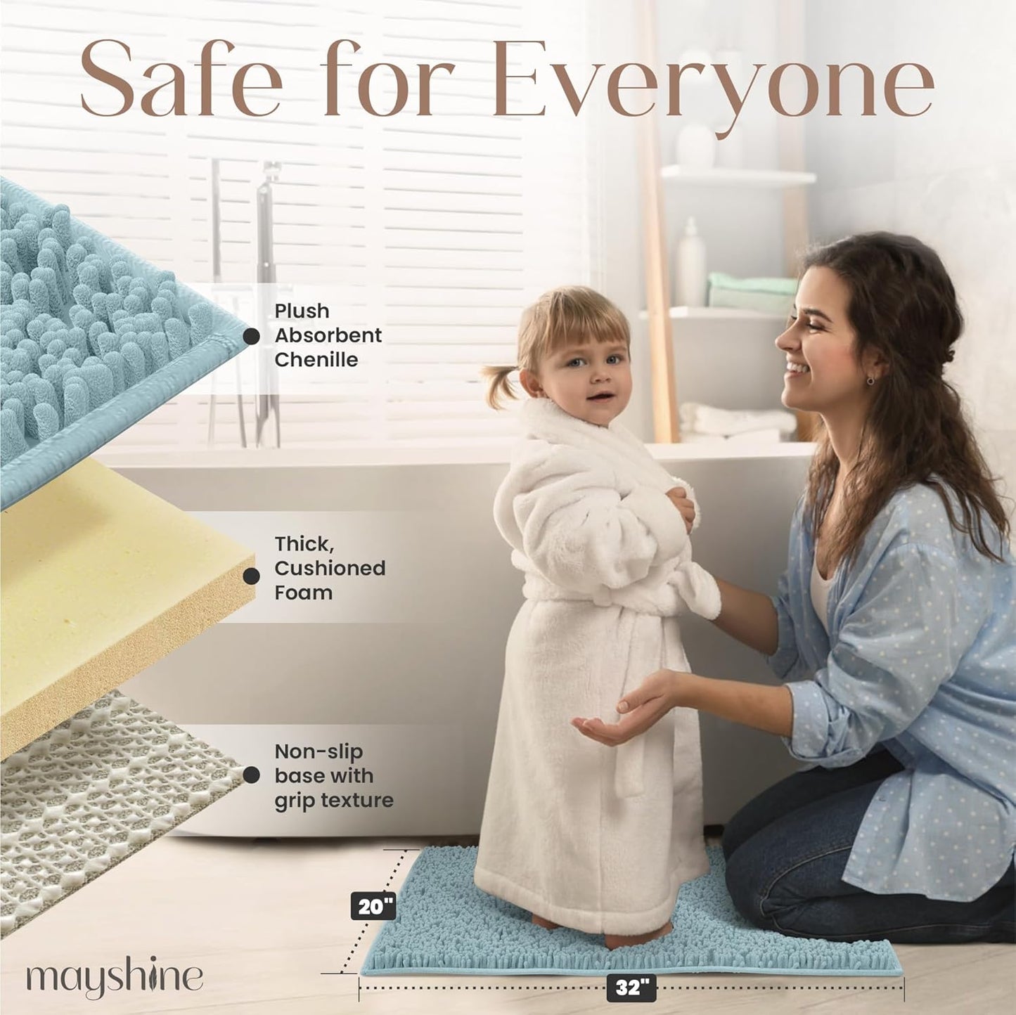 Soft Plush Chenille Bathroom Rug, Absorbent Microfiber Bath Mat, Machine Washable, Non-Slip Grip, Quick-Dry, Thick Shag Carpet Great for Bath, Shower Floor, Bedroom, or Door Mat (Beige, 17x24)