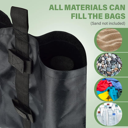 4 Pack Canopy Weight Bags, 1680D Oxford Cloth Heavy Duty Gazebo Sandbags, 112 LBS Gazebo Tent Sand Bags for Pop up Tent, Sun Shelter, Patio Umbrella Stand, Pool Ladder (Black)