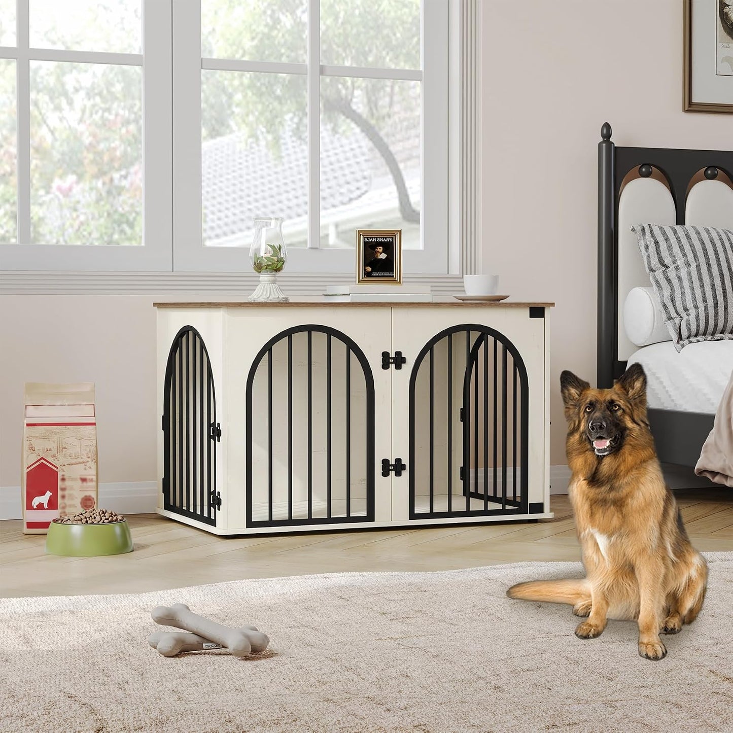 Hzuaneri 100 cm Wooden Dog Crate Furniture, Indoor Dog Kennel Dogs Cage for Small/Medium/Large Dogs, Heavy Duty Dog Crates Decorative Pet House End Side Table TV Stand, White Brown DFC84114B