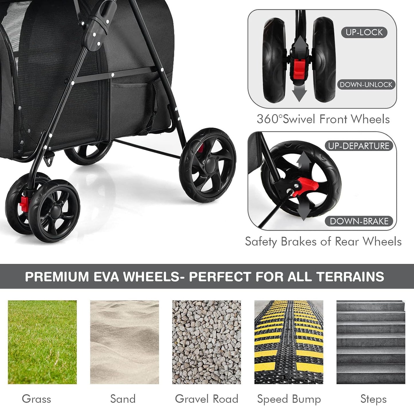 Giantex Double Pet Carrier with 2 Detachable Bags, Safety Belt, 4 Lockable Wheels, Cat & Dog Stroller, Folding Travel Carrier for Small & Medium Pets (Black)