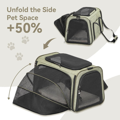 Petsfit Expandable Cat Dog Carrier Airline Approved, 17" L x 11" W x 11" H Soft-Sided Portable Pet Travel Carrier for Kitten, Puppy, Removable Soft Plush Mat and Pockets, Auto-Locking Zippers