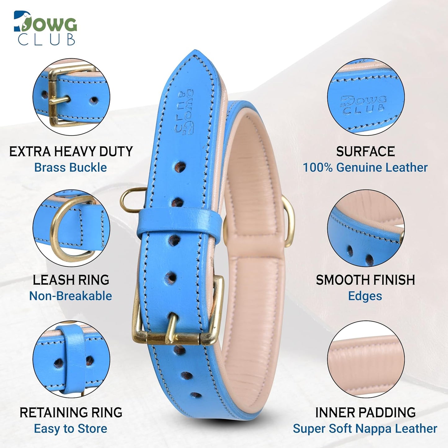 DowgClub | Genuine Leather Dog Collar | Full Grain, Heavy Duty | Comfortable, Strong | Best for Pups, Small, Medium & Large Breeds | Pink, Brown, Black, Tan