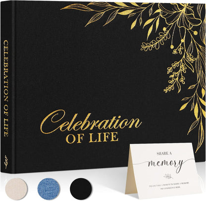Lanpn Funeral Guest Book for Memorial Service, Linen in Loving Memory Registry Guest Book, Funeral Favors Sign in Books for Guests Celebration of Life Memory Book for Funeral with Table Sign, Black
