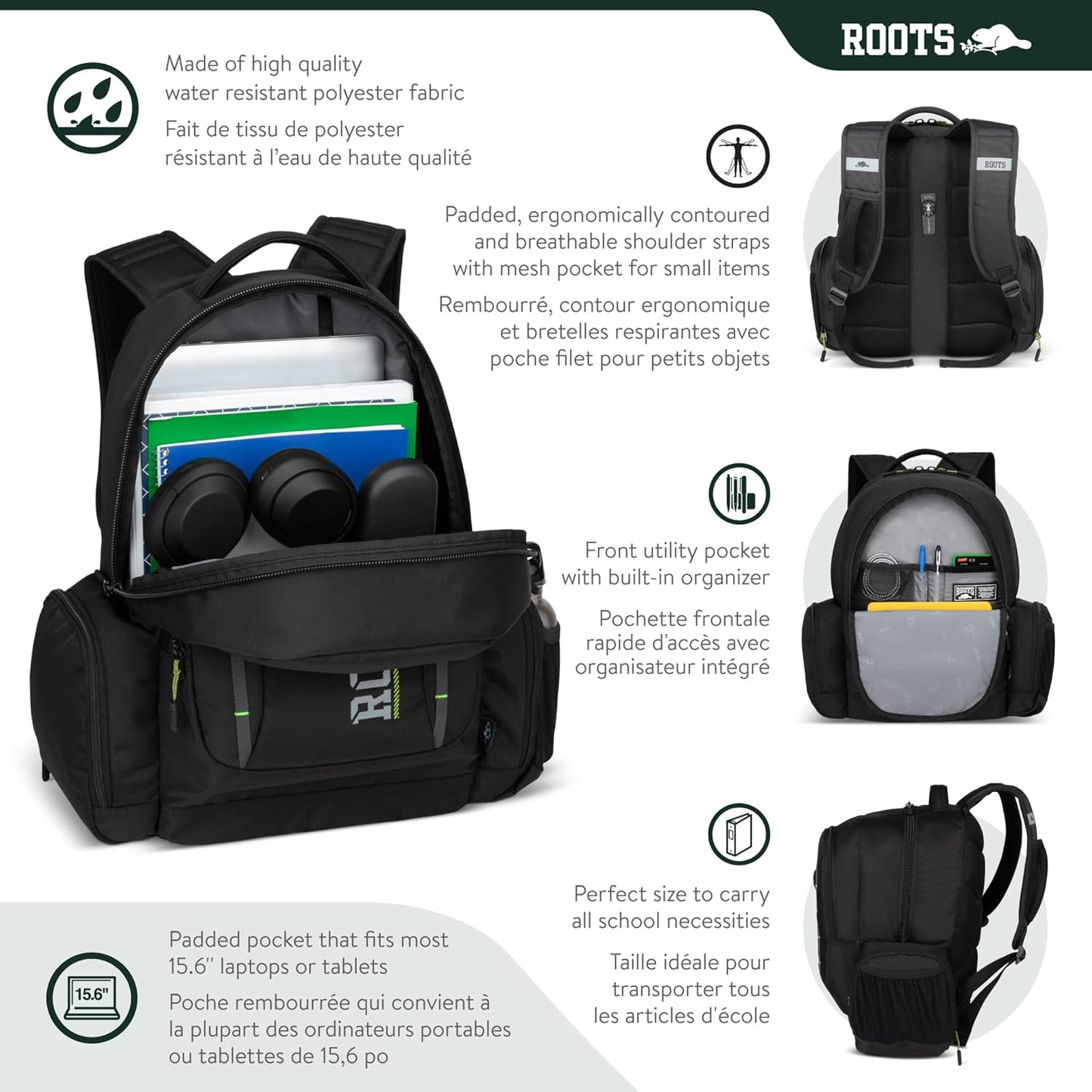 Roots Original 3-in-1 Matching Water Resistant Backpack and Lunch Bag Set with Bonus Pencil Case - Made From 100% Recycled Fabrics - 33 litres, Blue, Large