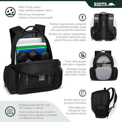 Roots Original 3-in-1 Matching Water Resistant Backpack and Lunch Bag Set with Bonus Pencil Case - Made From 100% Recycled Fabrics - 33 litres, Blue, Large