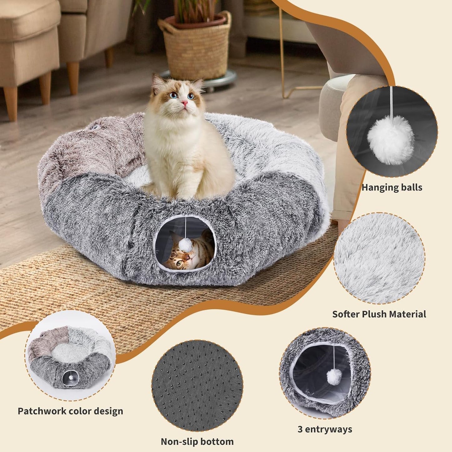 Odoland Extra Large Cat Tunnels for Indoor Cats, Fluffy Cat Bed with Toys | Collapsible Donut Cat Tube for Kittens,Small Animal Chewing Playing