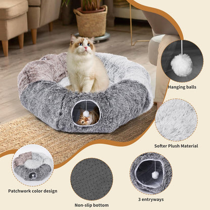 Odoland Extra Large Cat Tunnels for Indoor Cats, Fluffy Cat Bed with Toys | Collapsible Donut Cat Tube for Kittens,Small Animal Chewing Playing