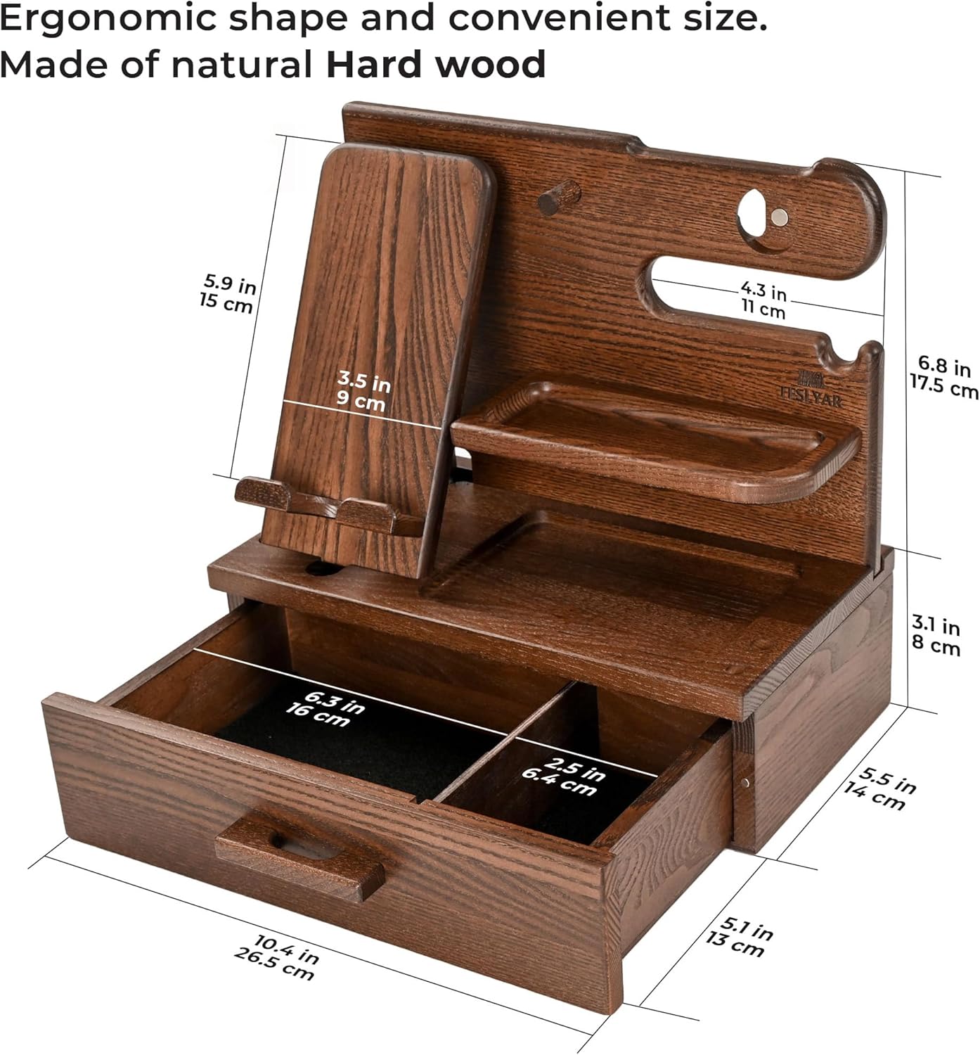 TESLYAR Wood Phone Docking Station with Drawer – Solid Wood Nightstand & Desk Organizer for Phone, Watch, Keys & Accessories - PuriLite