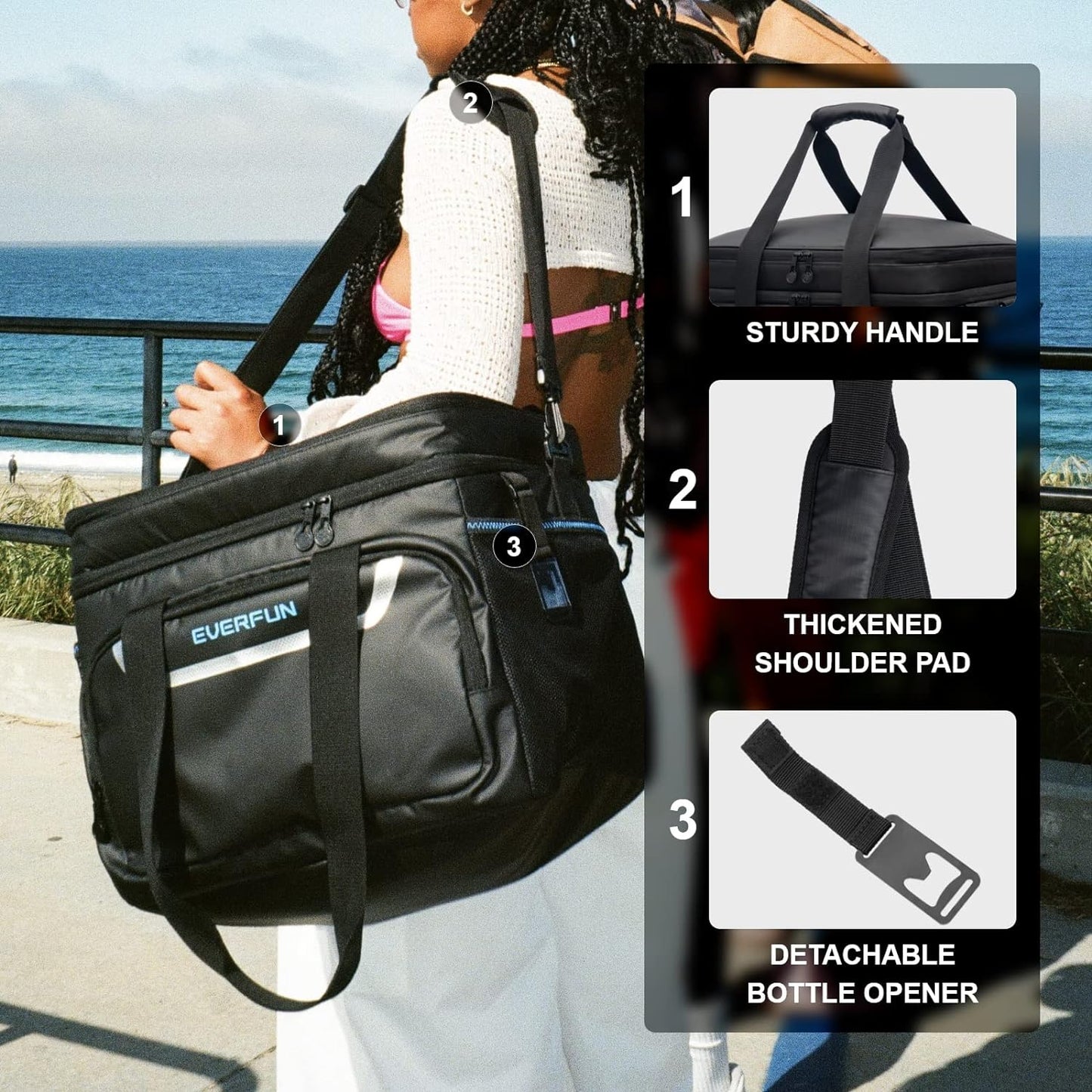 EVERFUN Cooler Bag Insulated Beach Cooler Lunch Bag Box for Men Women Dual Compartments Collapsible Waterproof Leak-Proof for Travel Work Picnic