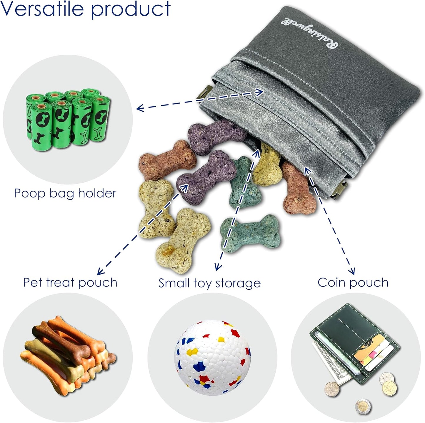 Raisingwell Dog Treat Pouch, Black Pocket Sized Pet Training Pouch, Cotton Fabric, Hand Free Dog Walking Bag with Carabiner, Self-Closing Pet Feed Snack Reward, for Pet Puppy Travel or Outdoor Use