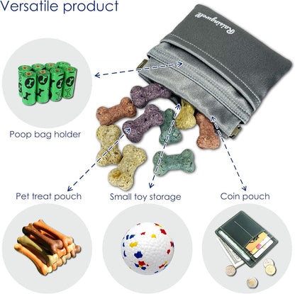Raisingwell Dog Treat Pouch, Black Pocket Sized Pet Training Pouch, Cotton Fabric, Hand Free Dog Walking Bag with Carabiner, Self-Closing Pet Feed Snack Reward, for Pet Puppy Travel or Outdoor Use