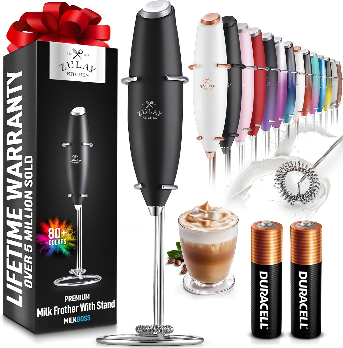 Zulay Kitchen Powerful Double Whisk Milk Frother Handheld - Foam Maker with Stand - Whisk Drink Mixer for Coffee, Mini Foamer for Latte, Matcha, Frappe, Hot Chocolate & Cappuccino (Black)