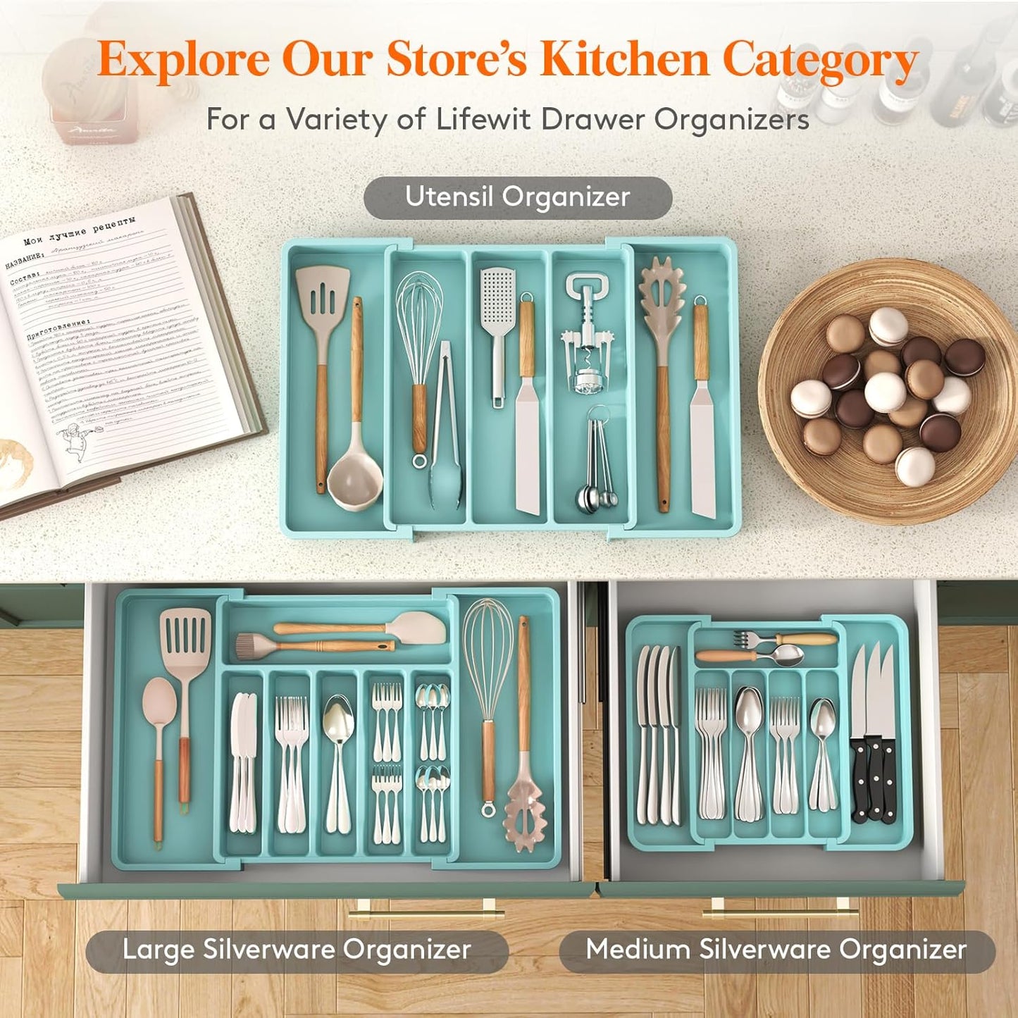 Lifewit Cutlery Organizer, Expandable Utensil Organizer for Kitchen, Utensil Holder, Adjustable Cutlery Rack Organizer for Spoons, Knives, Kitchen Organizers and Storage, Black