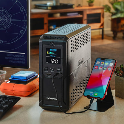CyberPower CP1500AVRLCD3 Intelligent LCD UPS System, 1500VA/900W, 12 Outlets, 2 USB Ports, AVR, Mini Tower, Black