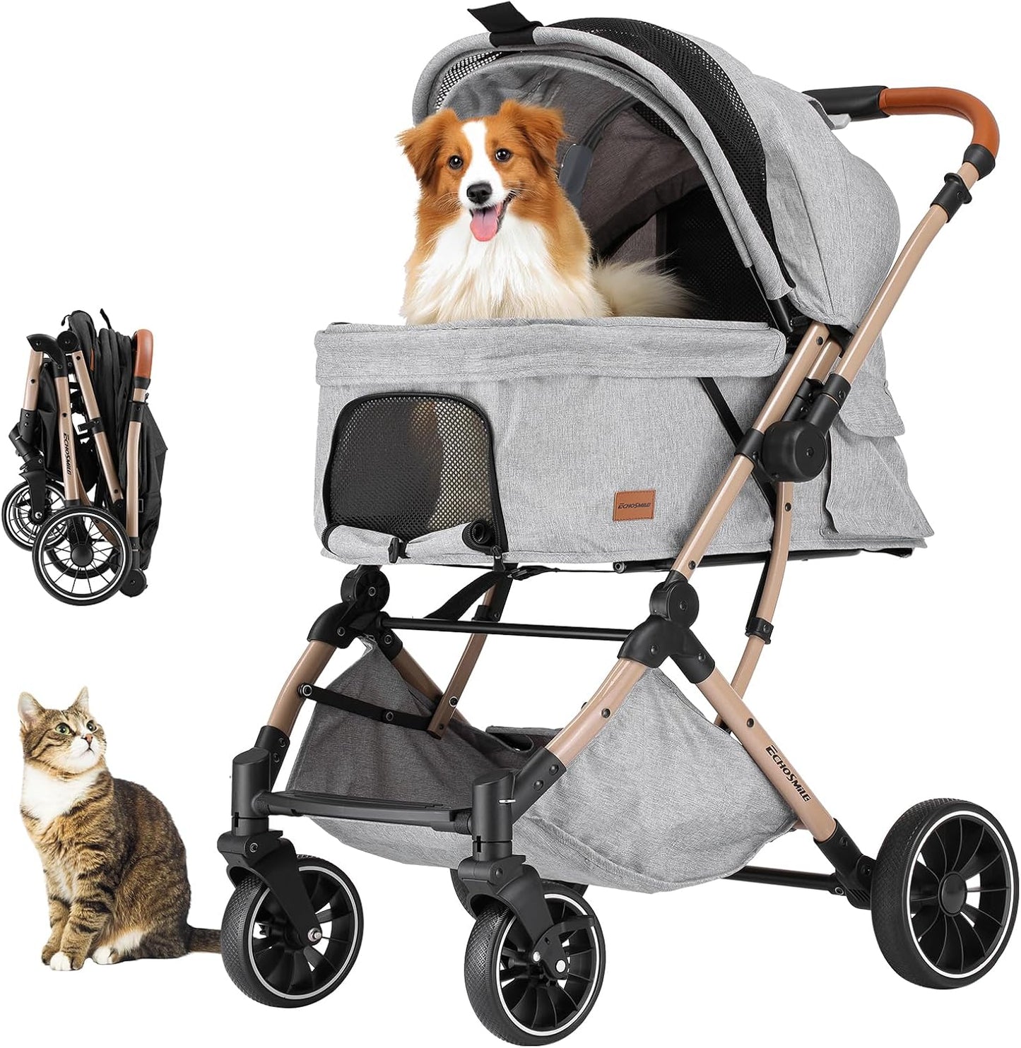 EchoSmile Pet Stroller for Dogs & Cats - One-Touch Foldable Design, Reversible Handle, Shock Absorbing Wheels, Large Pet Carrier Holds 3 Small/Medium Pets (50lbs), Removable Washable Pad & Storage Basket(Gray)