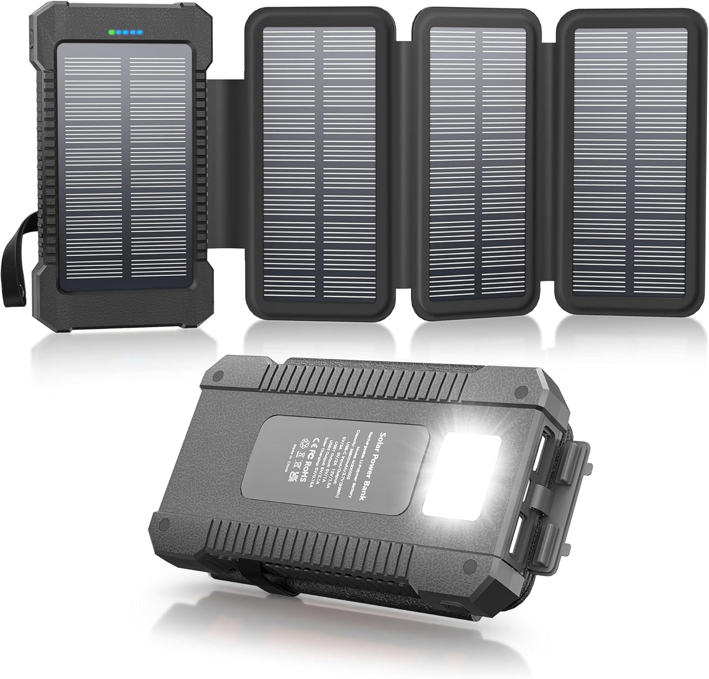 Solar Power Bank 38800mAh with 4 Solar Panels, Portable Charger USB C 18W Fast Charge for iPhone Samsung, IP67 Waterproof Outdoor External Battery Pack with Flashlight Light/SOS/Strobe