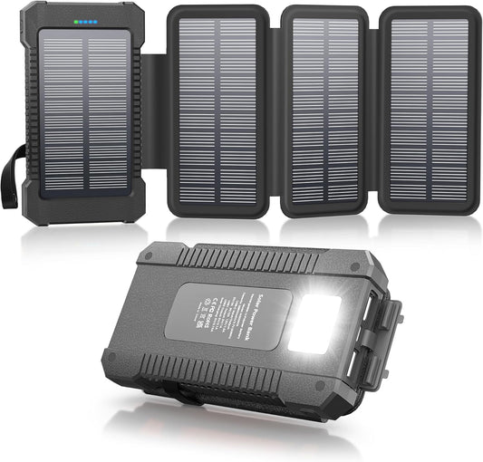 Solar Power Bank 38800mAh with 4 Solar Panels, Portable Charger USB C 18W Fast Charge for iPhone Samsung, IP67 Waterproof Outdoor External Battery Pack with Flashlight Light/SOS/Strobe