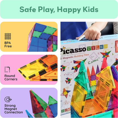 PicassoTiles 100 Piece Set 100pcs Magnet Building Tiles Clear Magnetic 3D Building Blocks Construction Playboards, Creativity beyond Imagination, Inspirational, Recreational, Educational Conventional