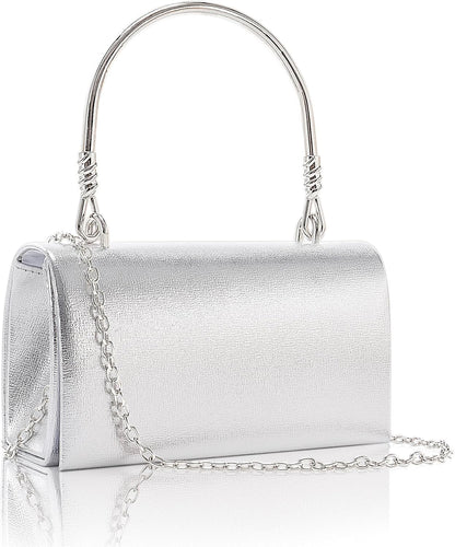 Larcenciel Clutch Purses for Women, Elegant Metallic Silver Evening Handbags with 2 Chain Straps, Fashion Vegan Leather Ladies Party Bags for Prom Wedding Cocktail Club Formal Events Nights Out, Small - PuriLite