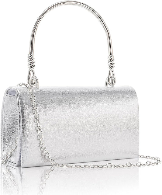 Larcenciel Clutch Purses for Women, Elegant Metallic Silver Evening Handbags with 2 Chain Straps, Fashion Vegan Leather Ladies Party Bags for Prom Wedding Cocktail Club Formal Events Nights Out, Small - PuriLite