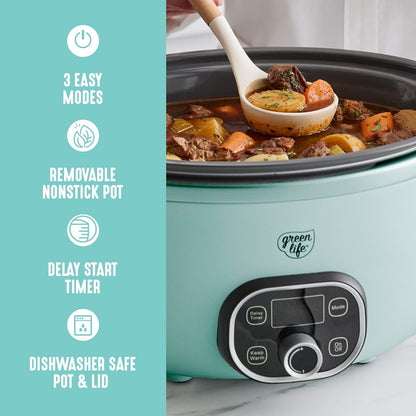 GreenLife 6QT Ceramic Slow Cooker, PFAS-Free, Programmable, Removable Healthy Nonstick Pot for Family Meals, Sear on Stovetop, Keep Warm, Digital Timer, Dishwasher Safe Glass Lid, Turquoise