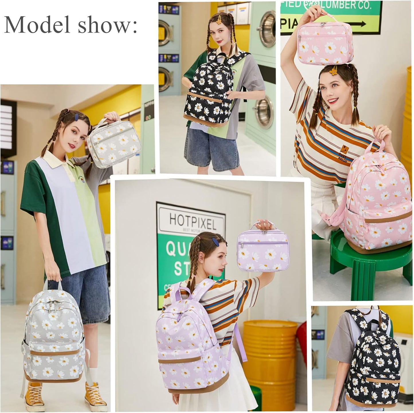 3Pcs Daisy Prints Backpack for Girls Bookbag set Primary School Daypack Elementary Students Knapsack with Lunch Box