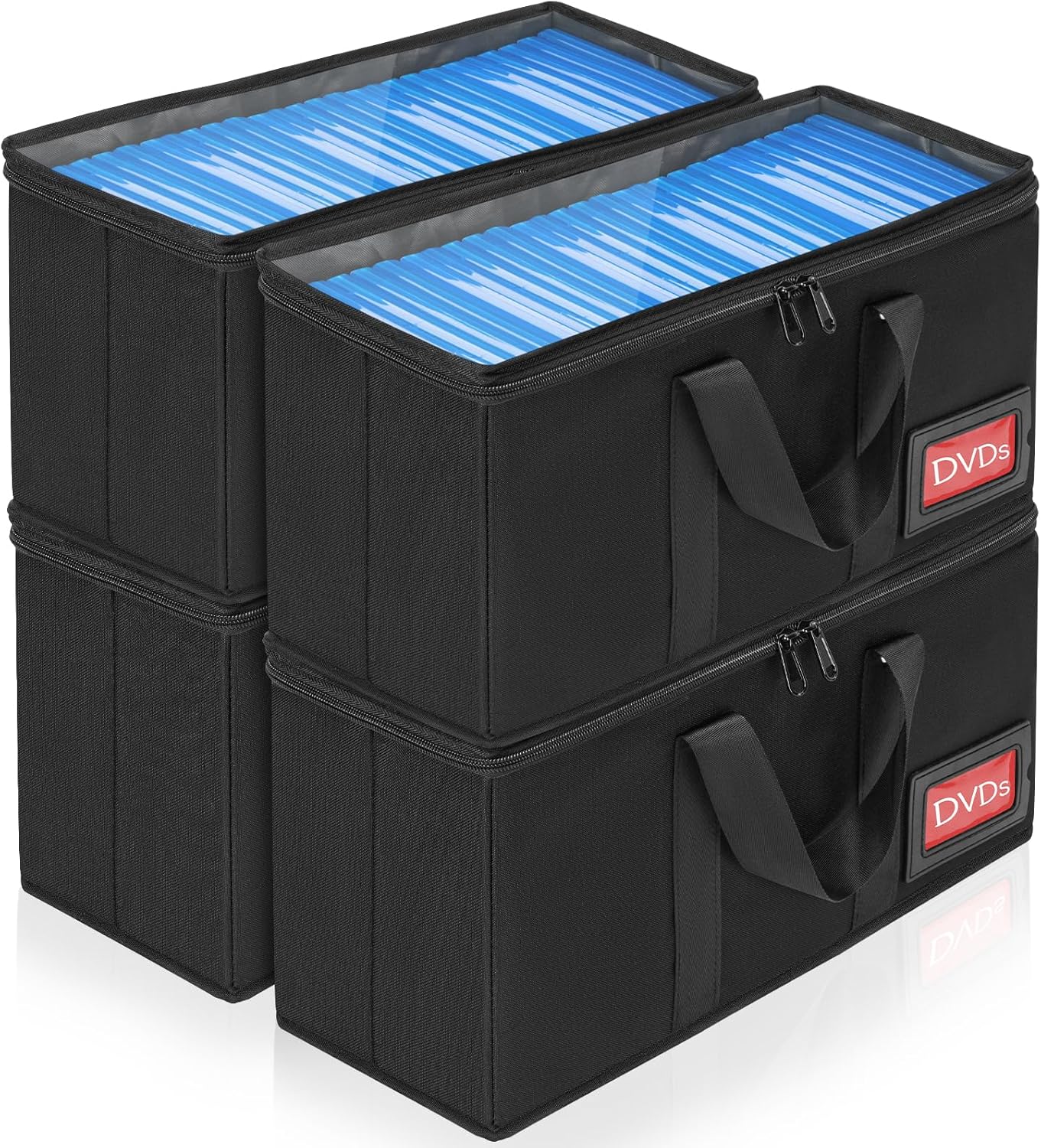 4 Pack-DVD Storage Boxes, PVC Clear Lid, DVD Case Holder Organizer with Index Labels-15.4"x 5.5"x 7.9" DVDs Storage Holder Bags for DVDs, CDs, Video Games, Books, Each Hold up to 25 DVDs Jewel Cases
