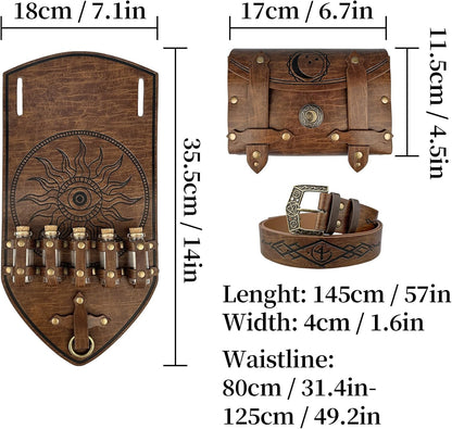 HiiFeuer 3PCs Medieval Alchemy Faux Leather Belt Bag Set with 5 Cork Potion Vials, Fantasy Embossed Wizard Halloween Belt(Brown A)