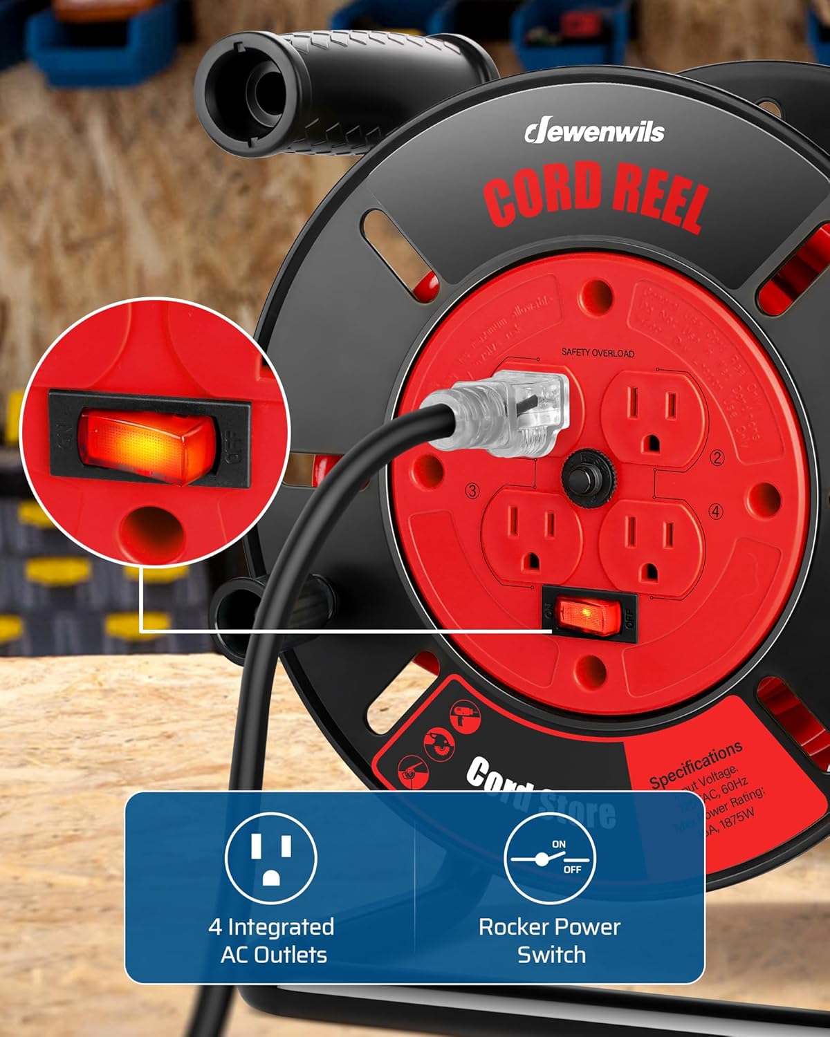DEWENWILS Extension Cord Storage Reel with 4-Grounded Outlets, Heavy Duty Open Cord Reel for 12/3,14/3,16/3 Gauge Power Cord, Hand Wind Retractable, 10A Circuit Breaker, Rocker Power Switch