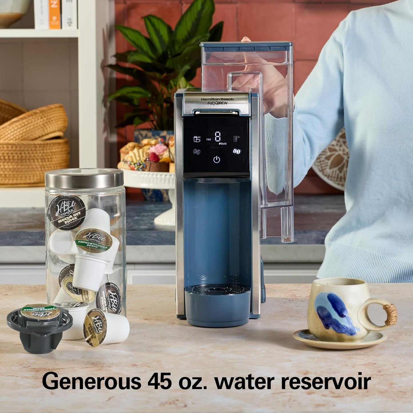 Hamilton Beach FlexBrew Advanced 4-in-1 Single Serve Hot & Iced Coffee Maker with Removable 45 oz. Water Reservoir, Use Pod Packs and Grounds, Fast Brewing, 1125 watts, Kitchen Makeover Blue,49936