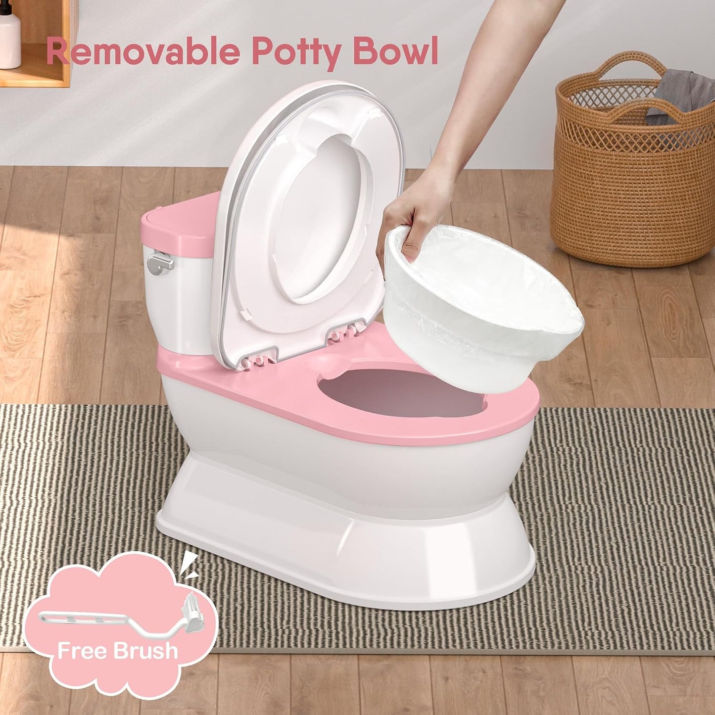 CheerTry Toddler Potty Training Toilet, Larger Potty Chair, Detachable Seat Suitable for Boys & Girls Ages 1-3, with Flushing Sound, Wipes Storage, Toilet Lid & Toilet Paper Holder - Pink