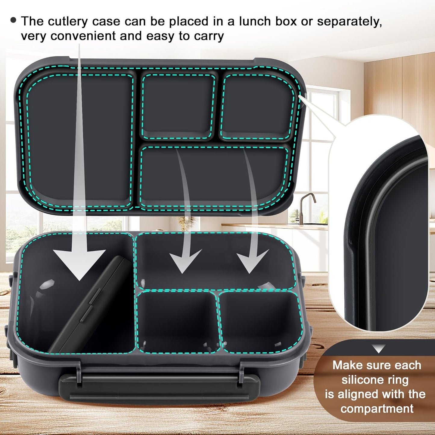 Amathley Lunch Box Kids,Bento Box Adult Lunch Box,Leakproof Lunch Containers for Adults/Kids/Toddler,1200ML-4 Compartments bento Lunch box with Utensil,Microwave & Dishwasher Safe(Dark Gray)