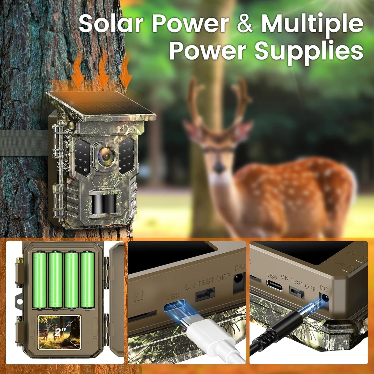 XTU Solar Trail Camera WiFi Bluetooth, 64MP 4K Game Camera with Night Vision Motion Activated 0.2s Trigger, IP66 Waterproof Wildlife Camera with 22pcs 850nm Low Glow Infrared LEDs Outdoor