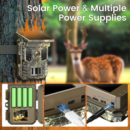 XTU Solar Trail Camera WiFi Bluetooth, 64MP 4K Game Camera with Night Vision Motion Activated 0.2s Trigger, IP66 Waterproof Wildlife Camera with 22pcs 850nm Low Glow Infrared LEDs Outdoor