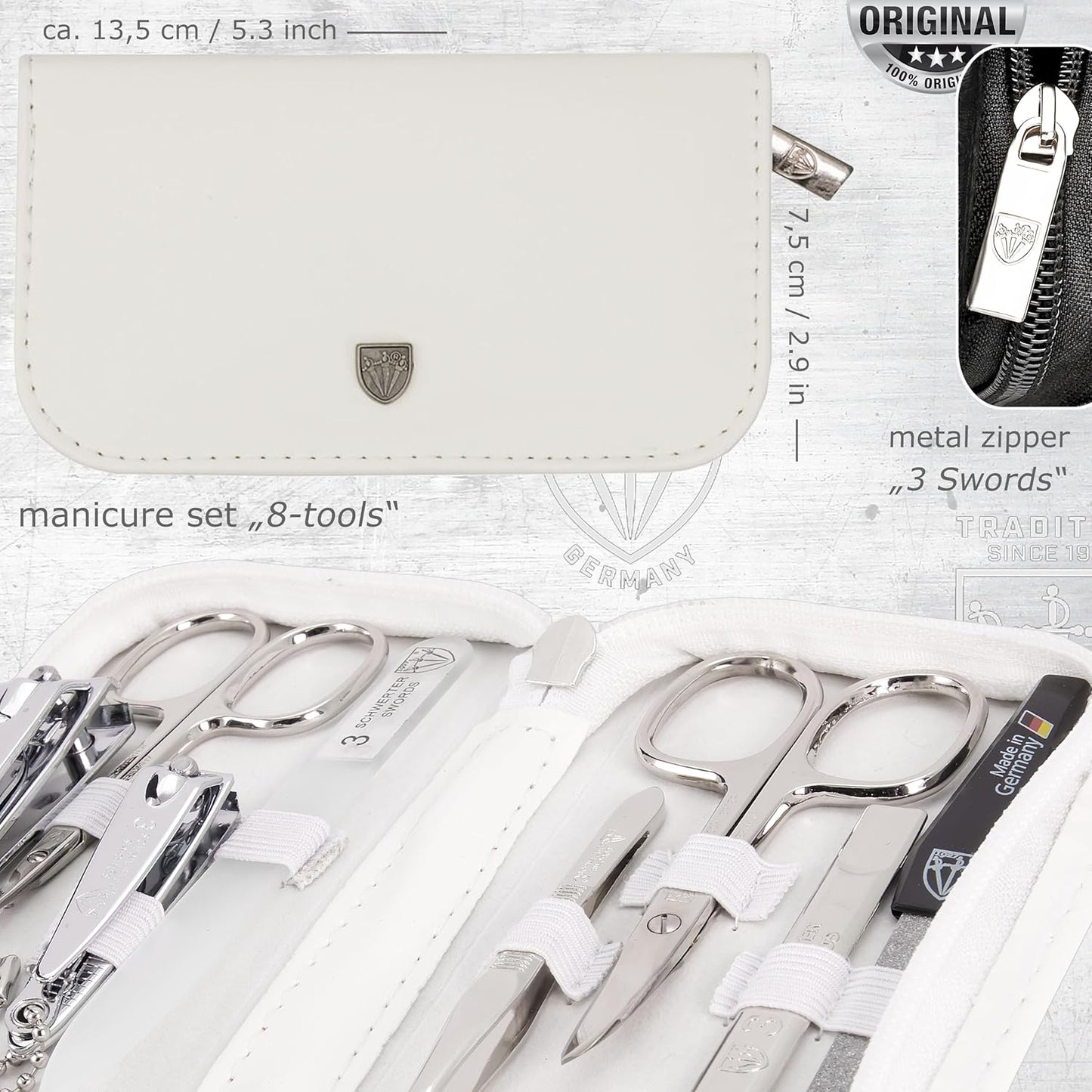 3 Swords Germany - brand quality 8 piece manicure pedicure grooming kit set for professional finger & toe nail care scissors clipper fashion leather case camou in gift box, Made in Germany