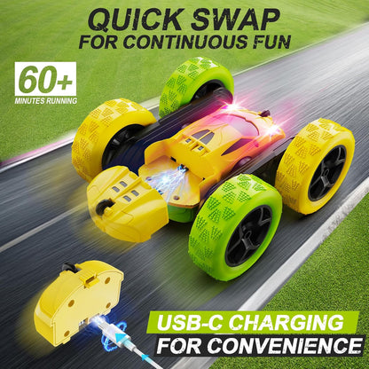 QUNREDA Remote Control Car for Kids Ages 6+, RC Cars Stunt Car Toy 4WD Double Sided 360° Rotating Remote Control with Headlights, Birthday Xmas Gifts for Boys 6 7 8 9 10 11 12 1-Blue