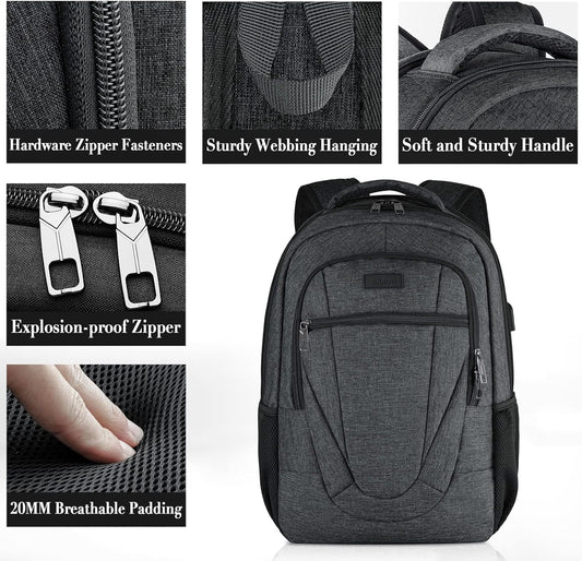 Backpack for Men and Women, School Backpacks for Teen Boys and Girls, Black Water Resistant Back Pack, Business Men Sturdy Computer Bag with USB Charging Port, Gifts - PuriLite