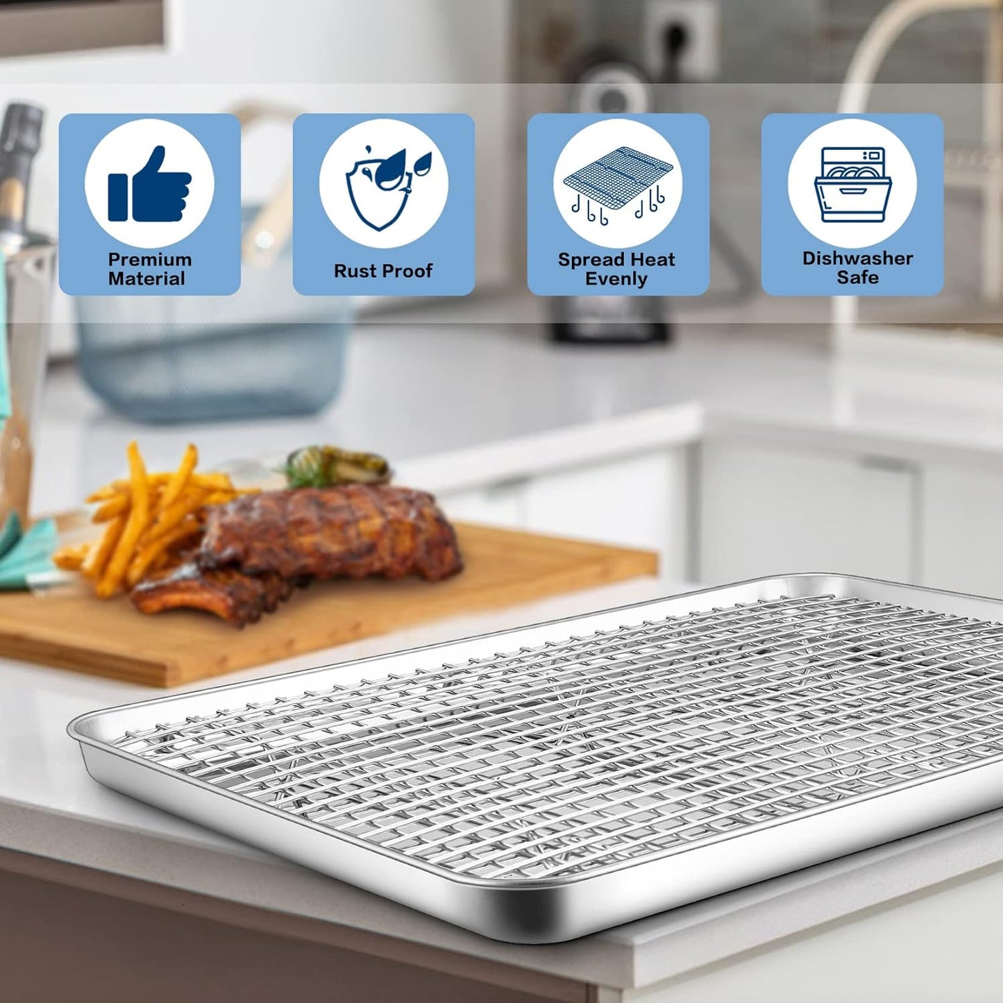 17.5 Inch Baking Sheet Pan with Rack Set, Joyfair Stainless Steel Half Size Oven Cookie Sheet Tray with Cooling Rack, Non-Toxic & Heavy Duty, Mirror Finishes &Easy Cleaning - (1 Pan + 1 Rack)
