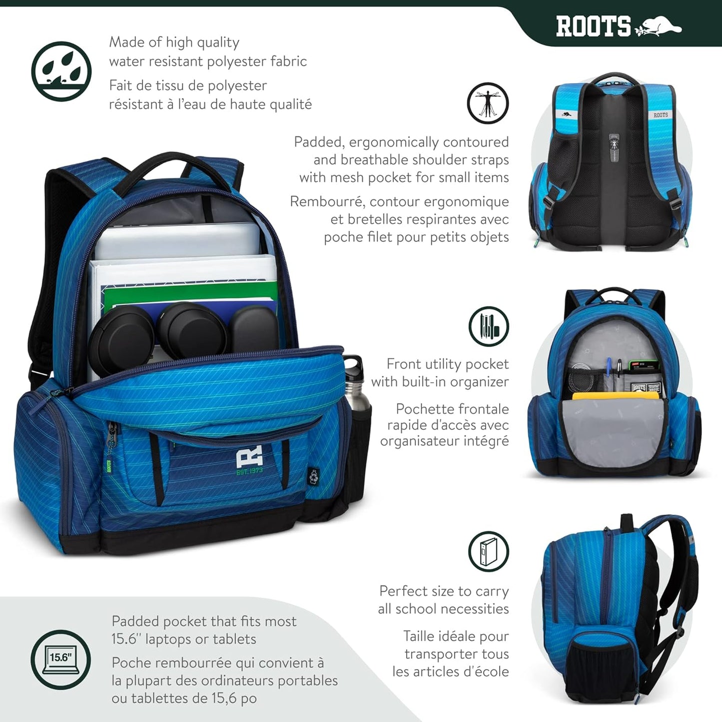 Roots Original 3-in-1 Matching Water Resistant Backpack and Lunch Bag Set with Bonus Pencil Case - Made From 100% Recycled Fabrics - 33 litres, Blue, Large