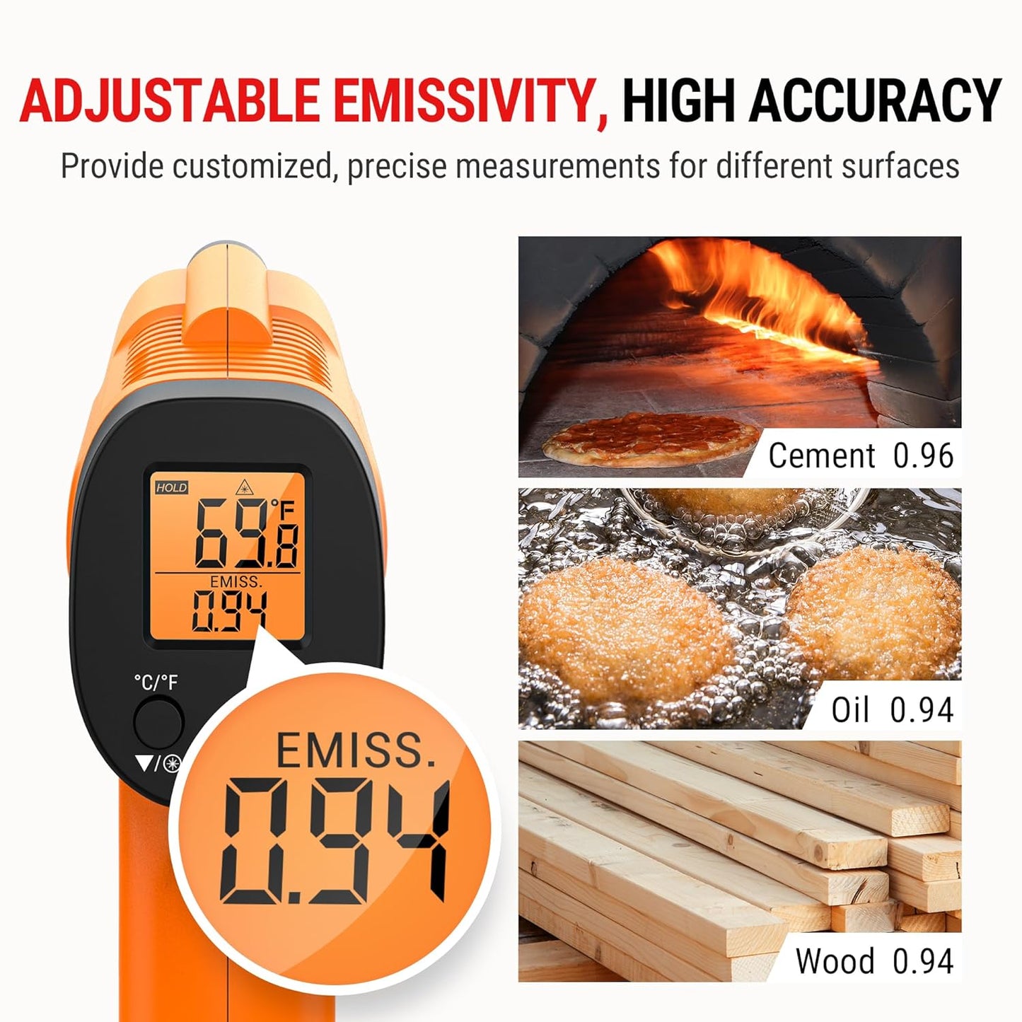 ThermoPro TP30 Infrared Thermometer Gun, Non Contact Temperature Gun with Adjustable Emissivity, Laser Thermometer Gun for Cooking, Pizza Oven, Griddle, Engine, HVAC -58°F ~1022°F (Not for Human)