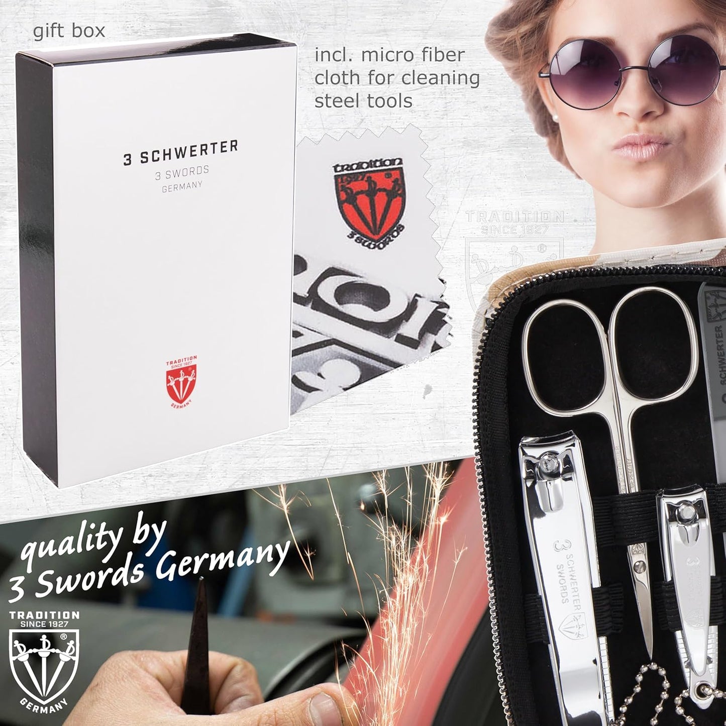 3 Swords Germany - brand quality 8 piece manicure pedicure grooming kit set for professional finger & toe nail care scissors clipper fashion leather case camou in gift box, Made in Germany